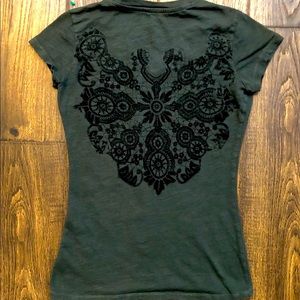 Wrangler Tee T-Shirt Graphic Design On Front/Back Top Green V-Neck Size Medium